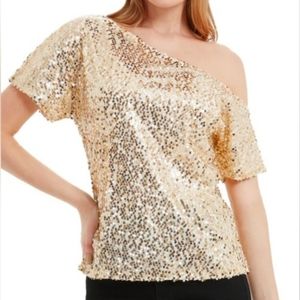 Anna-Kaci Sparkle & Shine off Shoulder Gold Sequin Top! New Cold shoulder blouse
